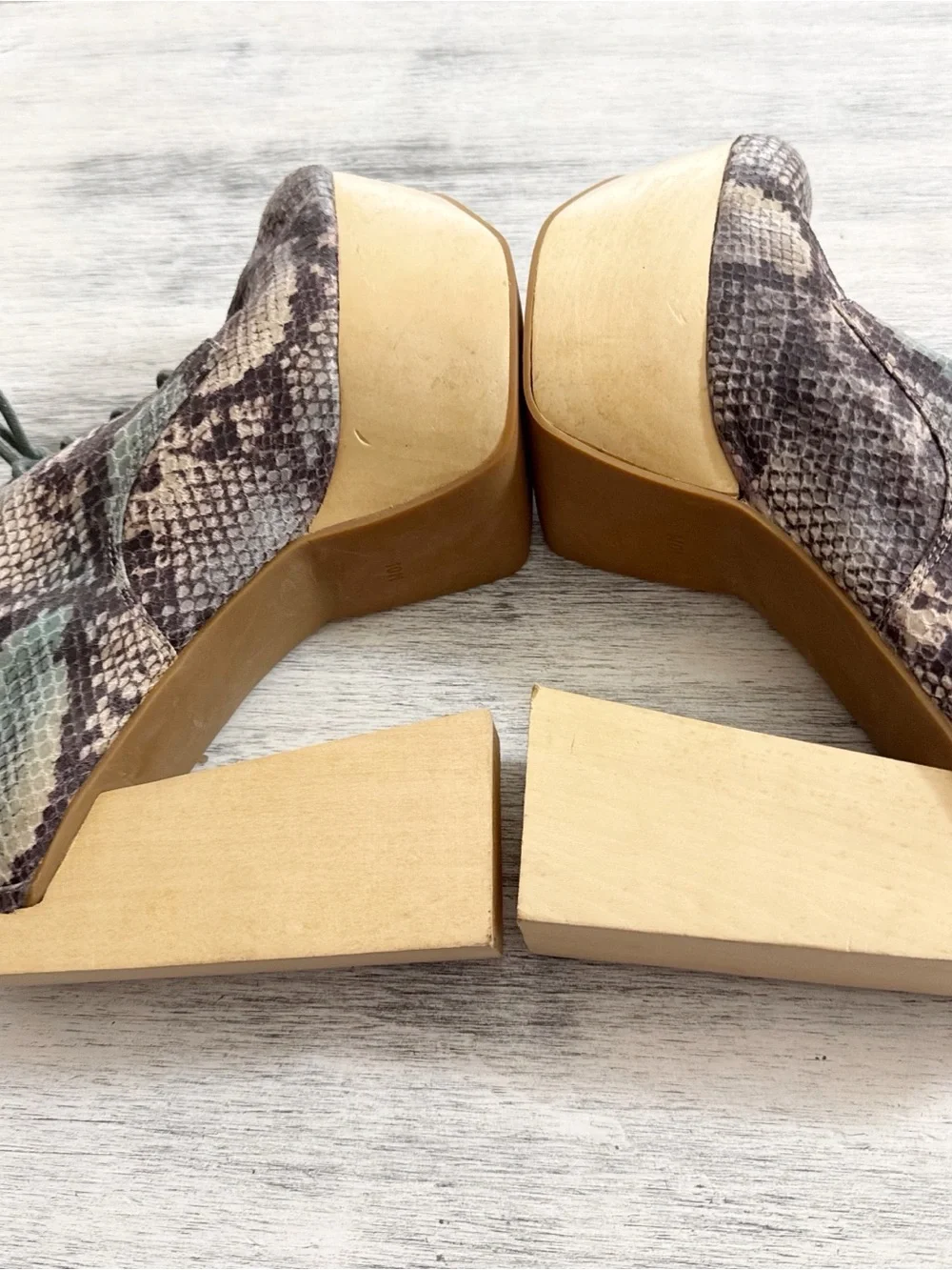 Jeffrey Campbell Sage Green Snake-Print Platform Lace-Up Wedges